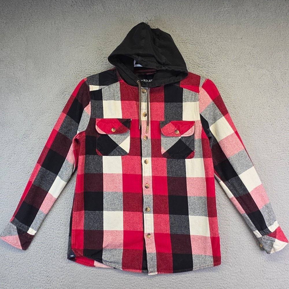 Kolby‎ Flannel Shirt Mens S Red Button Up Hooded Plaid Shacket Y2K Skater Grunge
